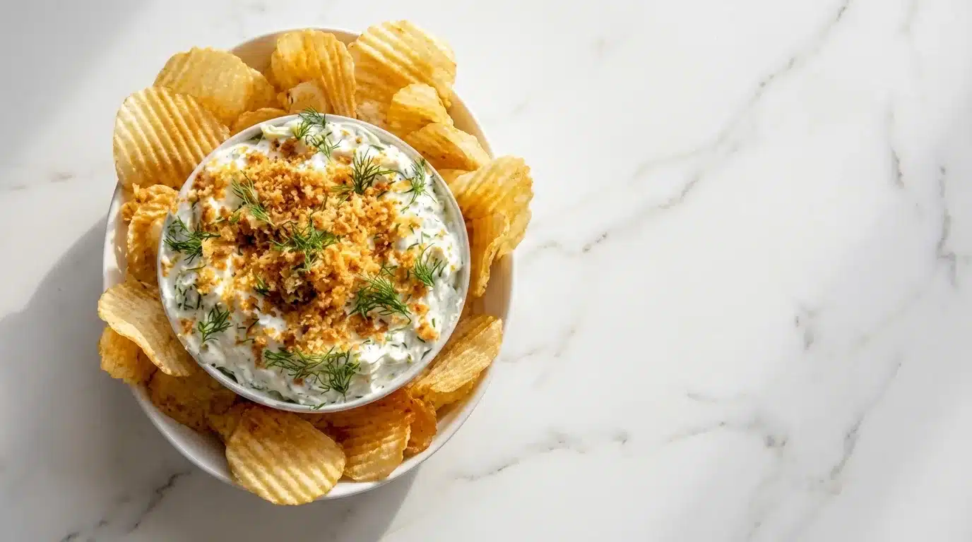 Grillo's Pickle Dip Photorealistic Grillo's Pickle Dip, naturally plated on white marble, ready to serve. Captures true colors with natural light.