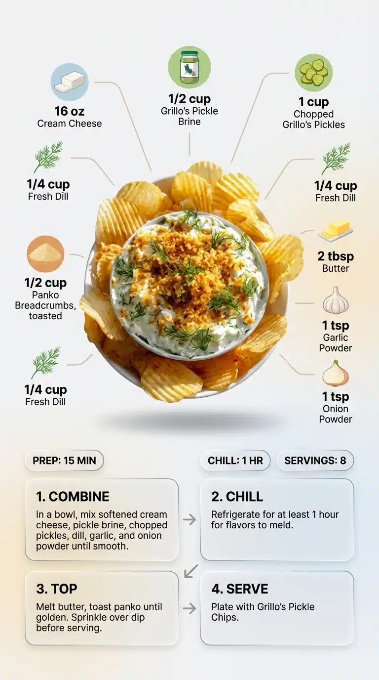 Grillo's Pickle Dip Modern recipe infographic for Grillo's Pickle Dip, showing the finished dip, ingredients, and step-by-step preparation in a clean, visual style.