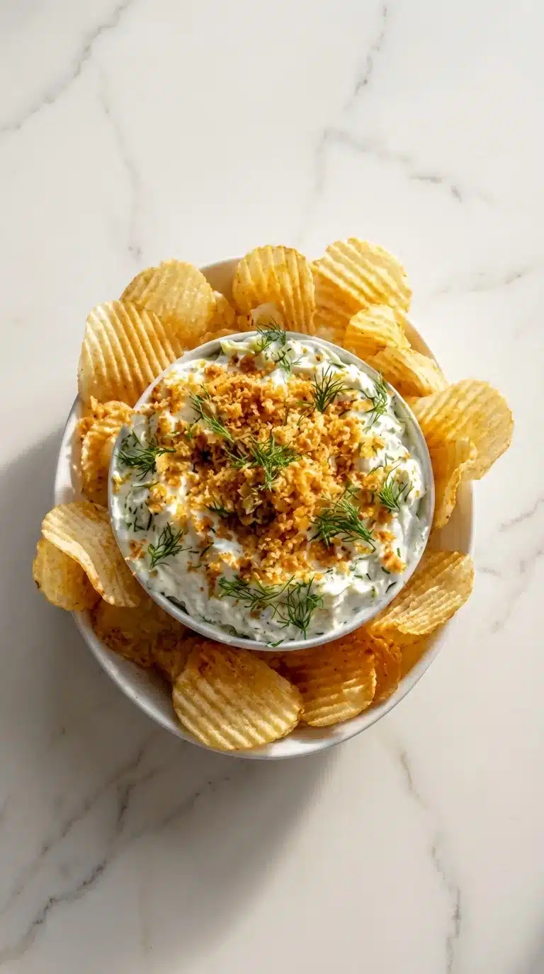 Grillo's Pickle Dip Photorealistic Grillo's Pickle Dip, ready to serve on white marble, natural daylight, 9:16 vertical.