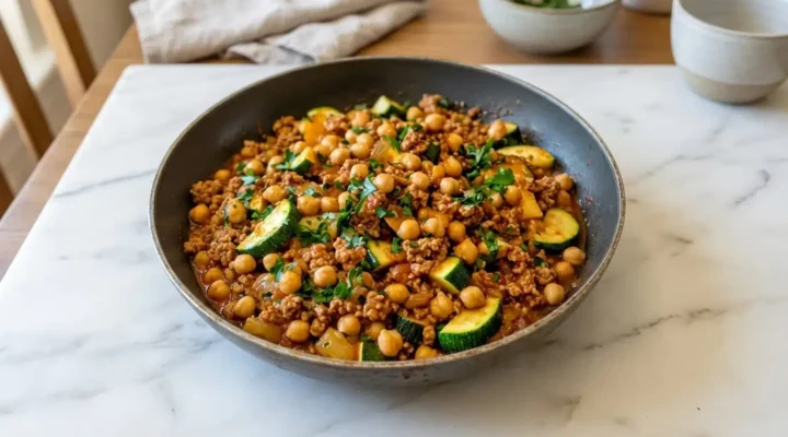 Photorealistic Ground Turkey Zucchini Chickpea Skillet, naturally plated and ready to serve, shot with natural daylight.