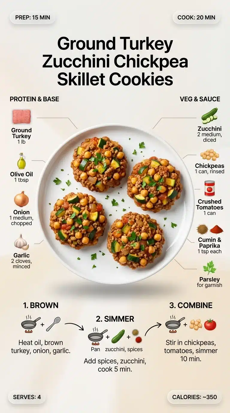 Infographic: Ground Turkey Zucchini Chickpea Skillet recipe with plated dish, ingredients, and step-by-step instructions. Modern design, 9x16.