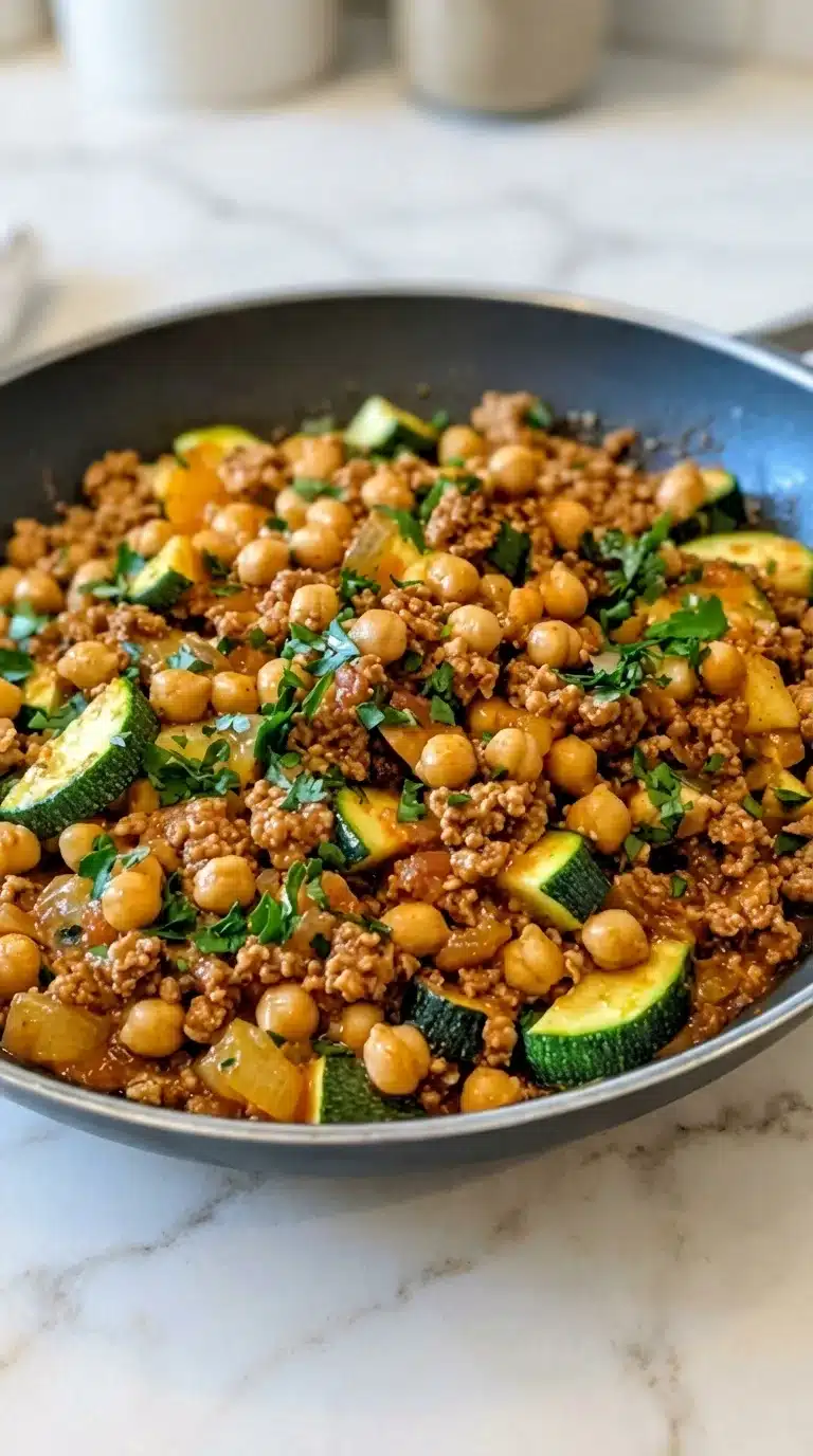 Photorealistic Ground Turkey Zucchini Chickpea Skillet, naturally plated and ready to serve, shot with natural light.
