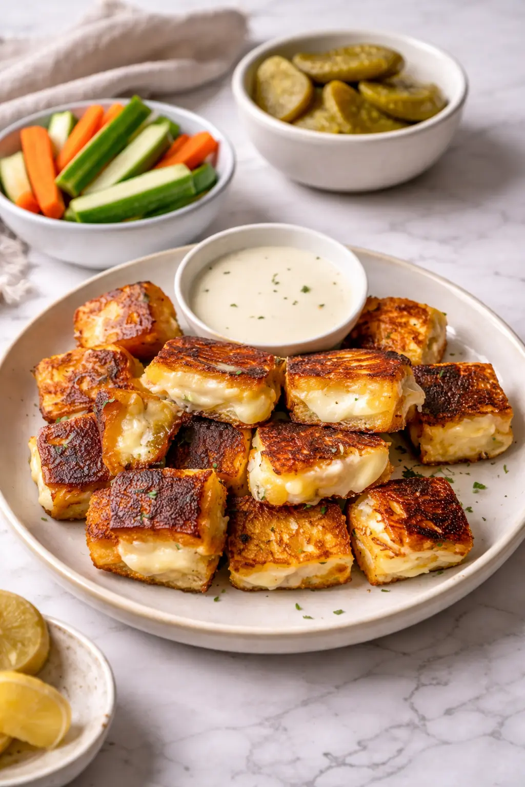 Hawaiian Roll Grilled Cheese Hawaiian roll grilled cheese served as a meal with pickles, vegetables, and dipping sauce