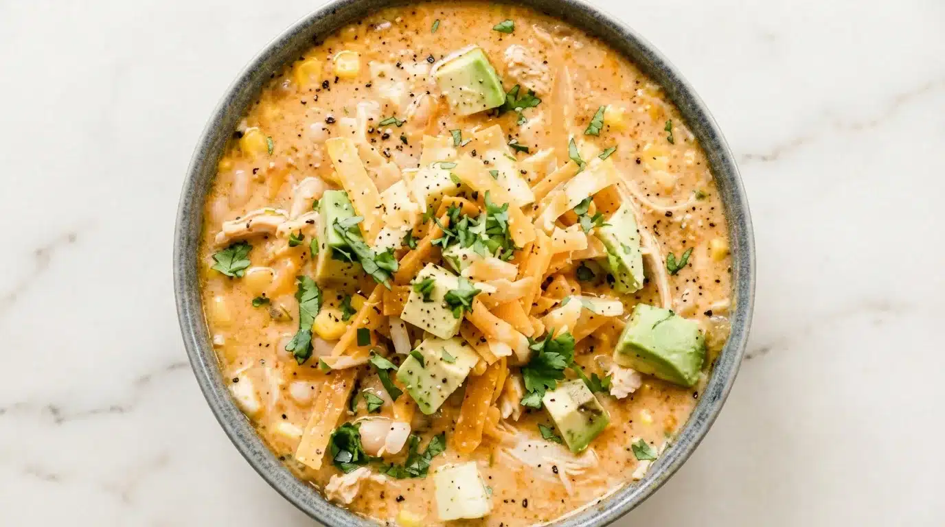 Photorealistic Healthy High Protein White Chicken Chili, freshly cooked and naturally plated on white marble with subtle gray veining.
