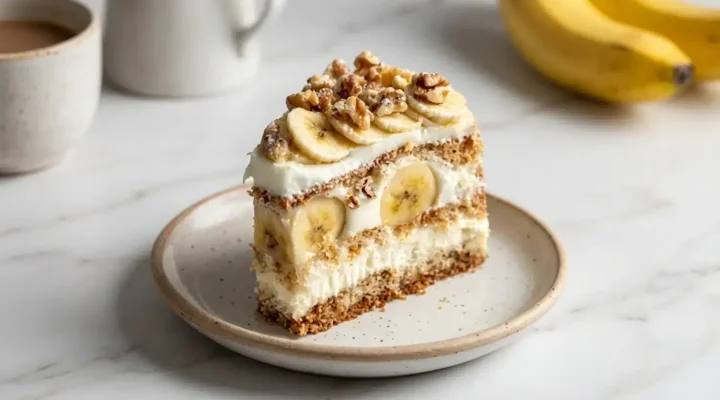 Heavenly Walnut Banana Cream Cake, photorealistic, ready to serve on marble. Fresh, naturally plated dessert.