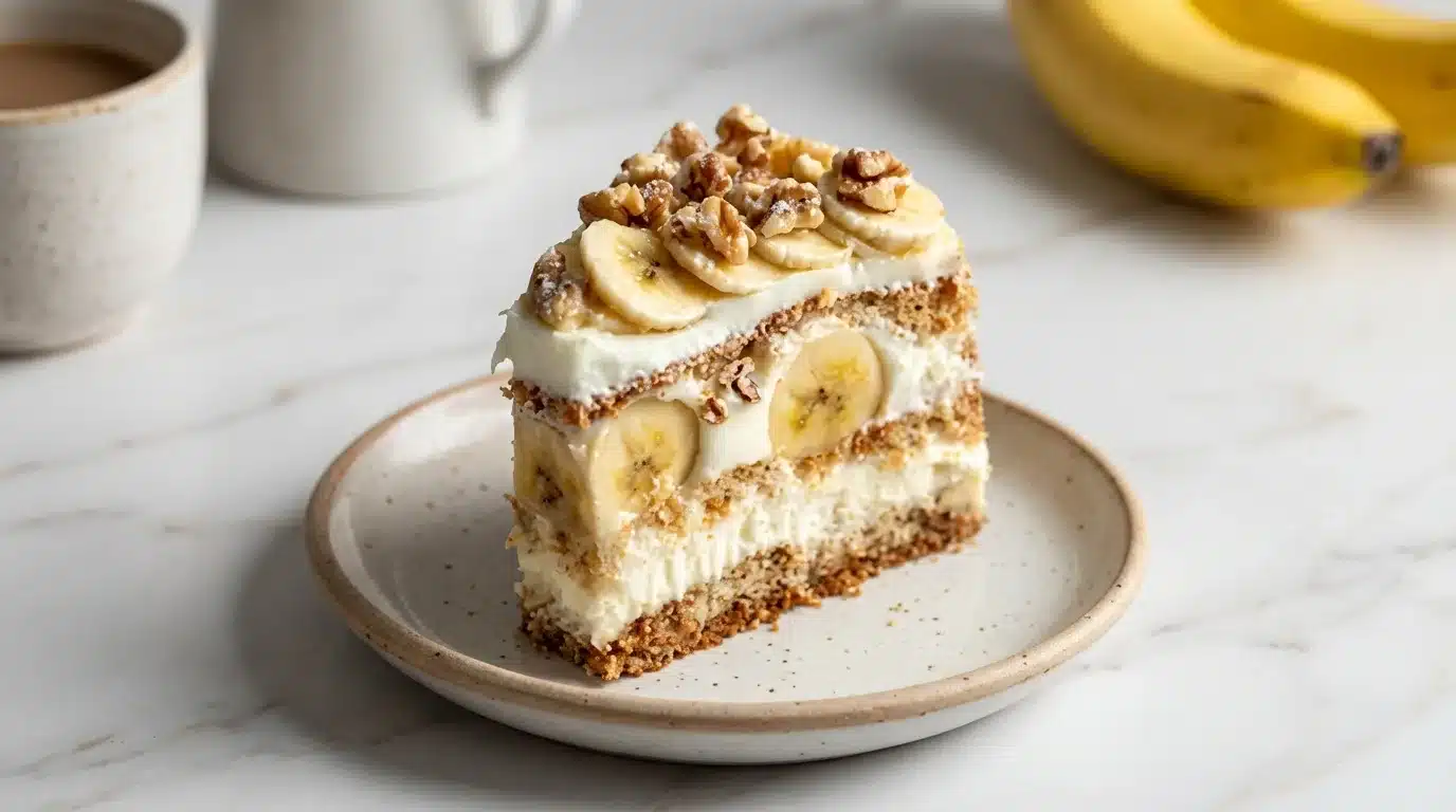 Heavenly Walnut Banana Cream Cake, photorealistic, ready to serve on marble. Fresh, naturally plated dessert.
