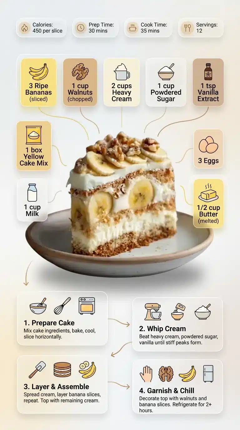 Heavenly Walnut Banana Cream Cake Heavenly Walnut Banana Cream Cake recipe infographic, 9x16 vertical, showing cake, ingredients & steps. Modern design, natural colors.
