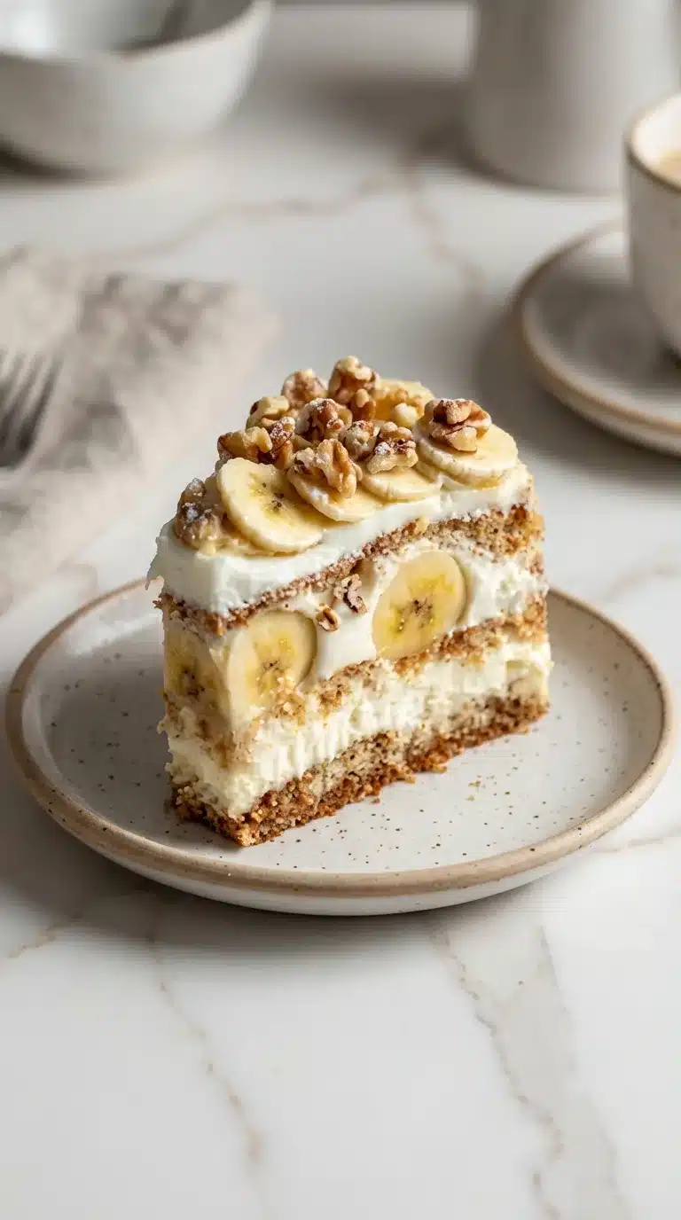 Heavenly Walnut Banana Cream Cake Photorealistic Heavenly Walnut Banana Cream Cake, naturally plated and ready to serve, on white marble.