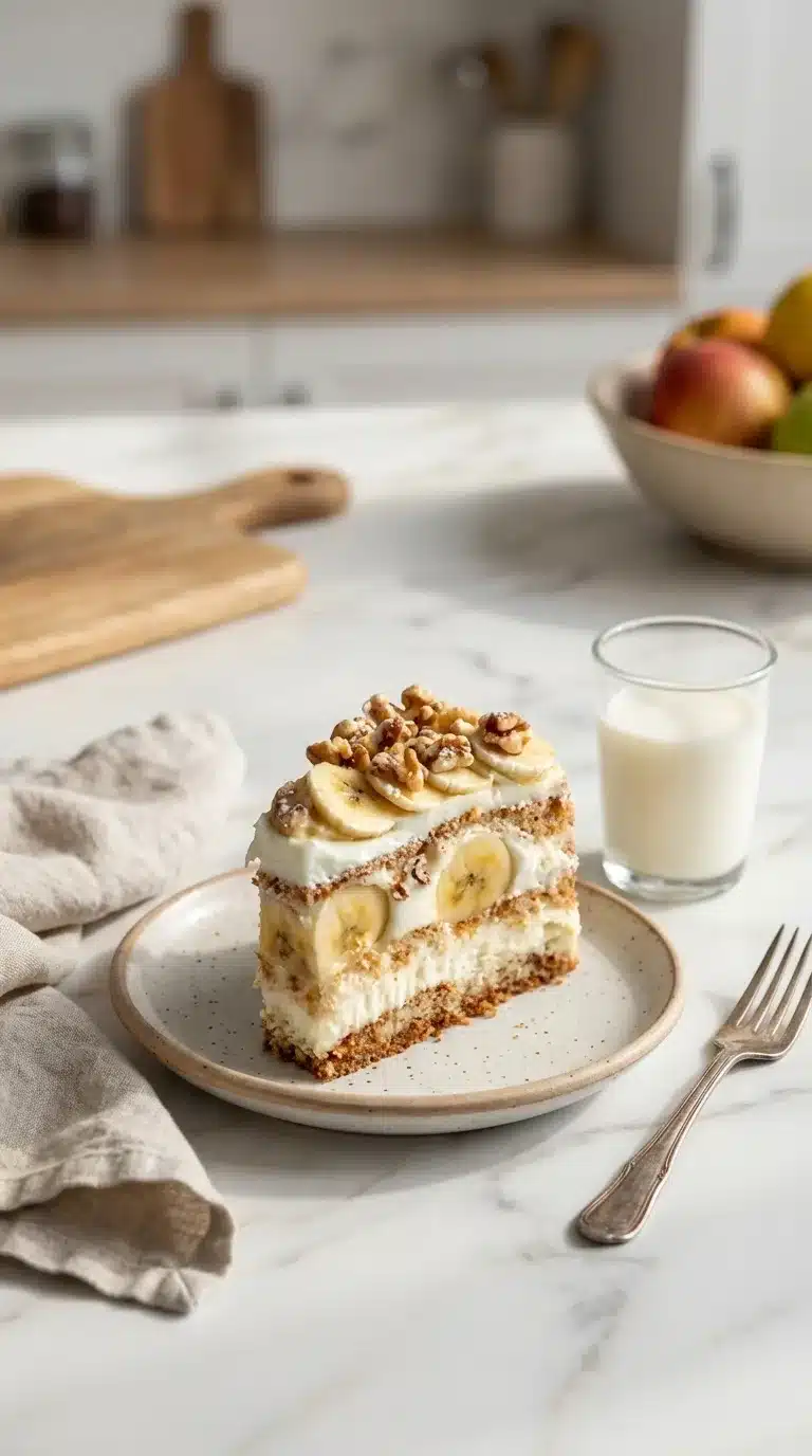 Heavenly Walnut Banana Cream Cake Heavenly Walnut Banana Cream Cake serving, beautifully presented on white marble with natural light.