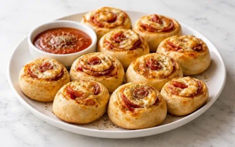 High-protein pepperoni pizza rolls baked until golden and served with marinara sauce on a white plate