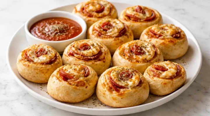 High Protein Pepperoni Pizza Rolls High-protein pepperoni pizza rolls baked until golden and served with marinara sauce on a white plate