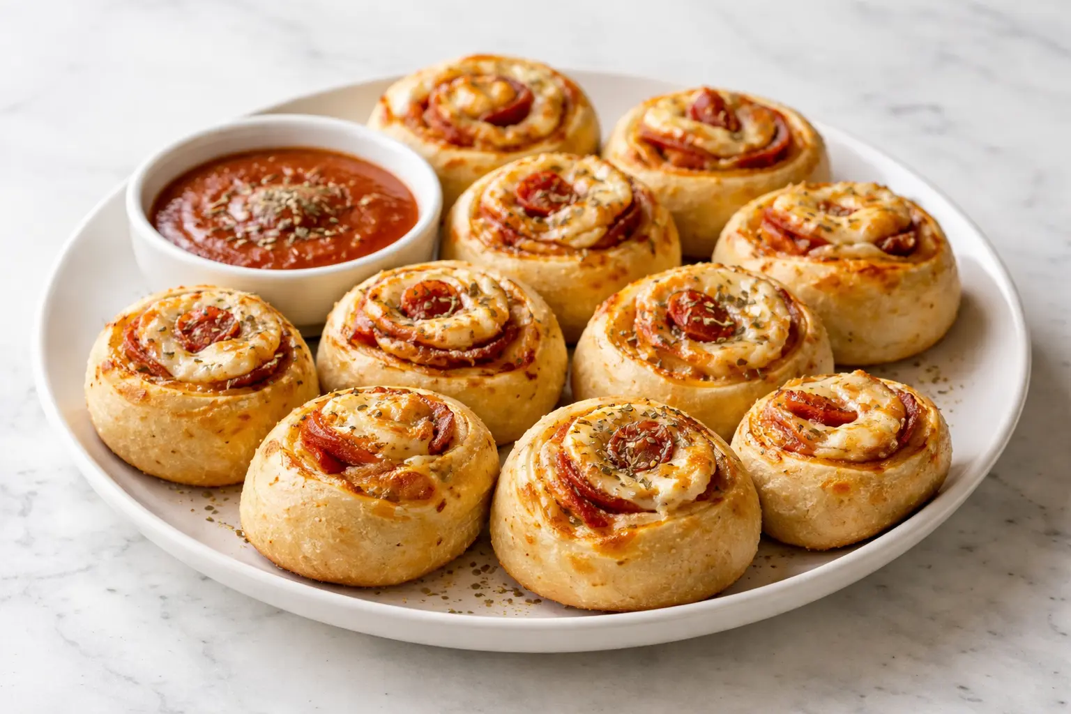 High-protein pepperoni pizza rolls baked until golden and served with marinara sauce on a white plate