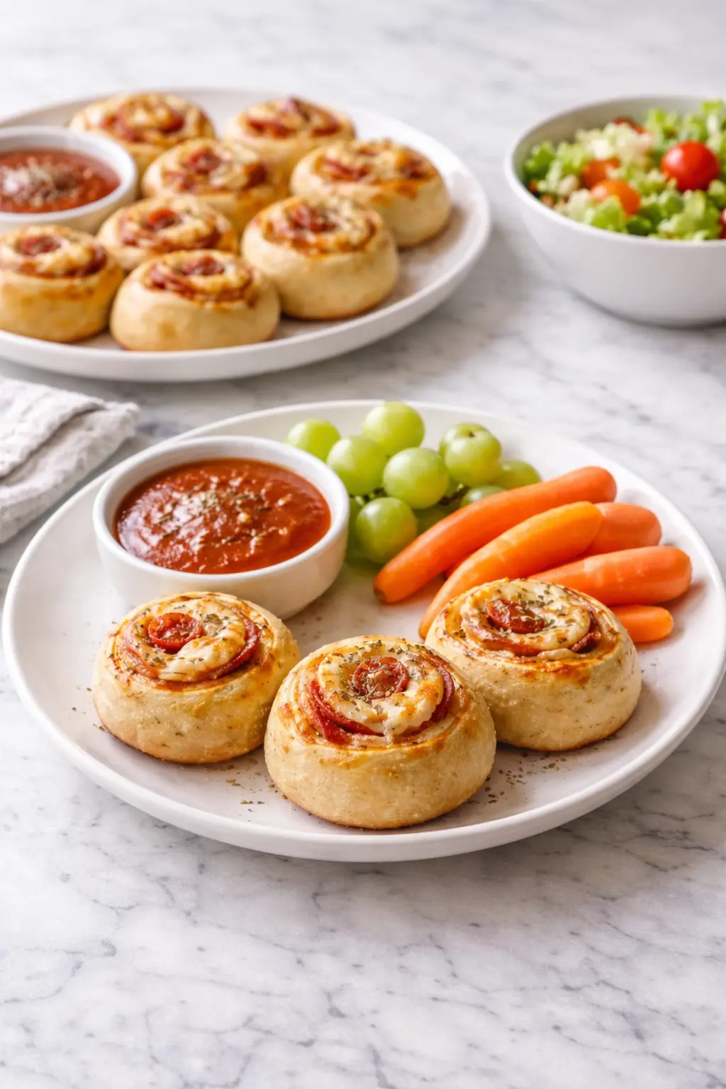 High-protein pepperoni pizza rolls served with marinara, carrots, and grapes as a simple meal