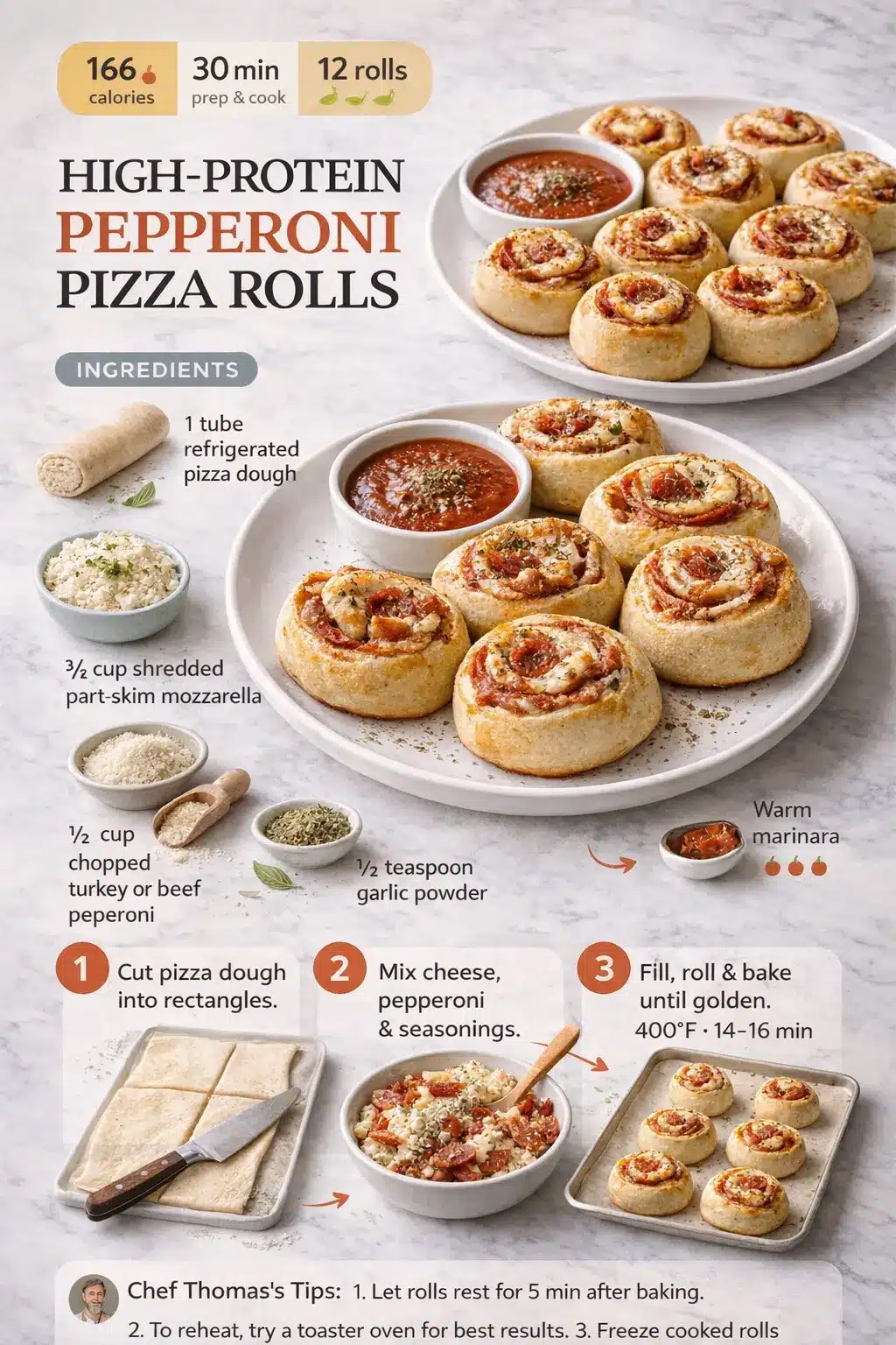 Recipe infographic showing high-protein pepperoni pizza rolls with ingredients and steps