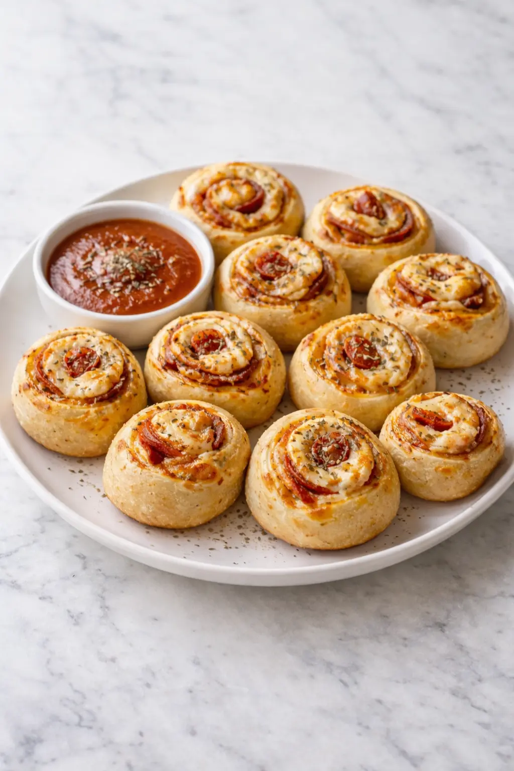 High-protein pepperoni pizza rolls served warm with marinara on a white plate