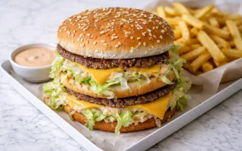 Homemade Big Mac copycat recipe with two beef patties, lettuce, cheese, and special sauce on a sesame bun