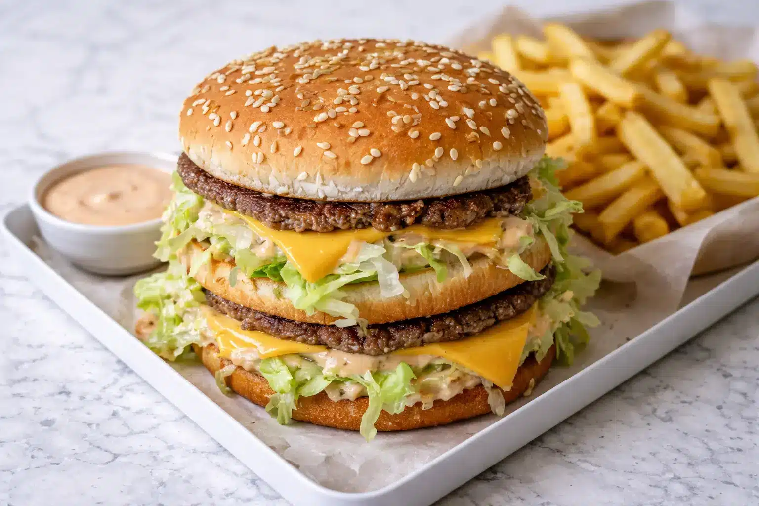 Homemade Big Mac copycat recipe with two beef patties, lettuce, cheese, and special sauce on a sesame bun