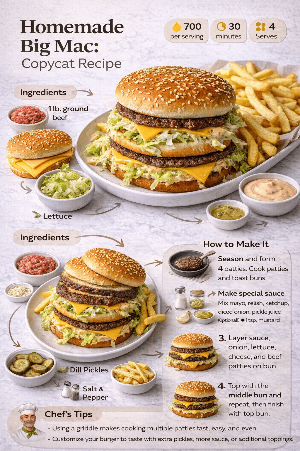 Homemade Big Mac copycat recipe infographic showing ingredients, cooking steps, and the finished burger