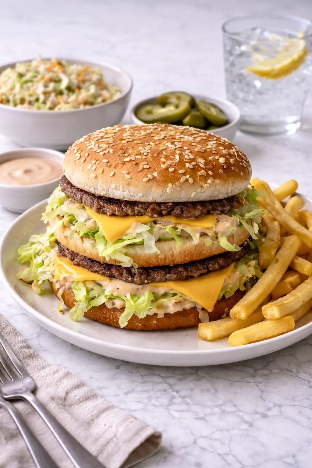 Homemade Big Mac copycat recipe served as a meal with fries, pickles, and special sauce