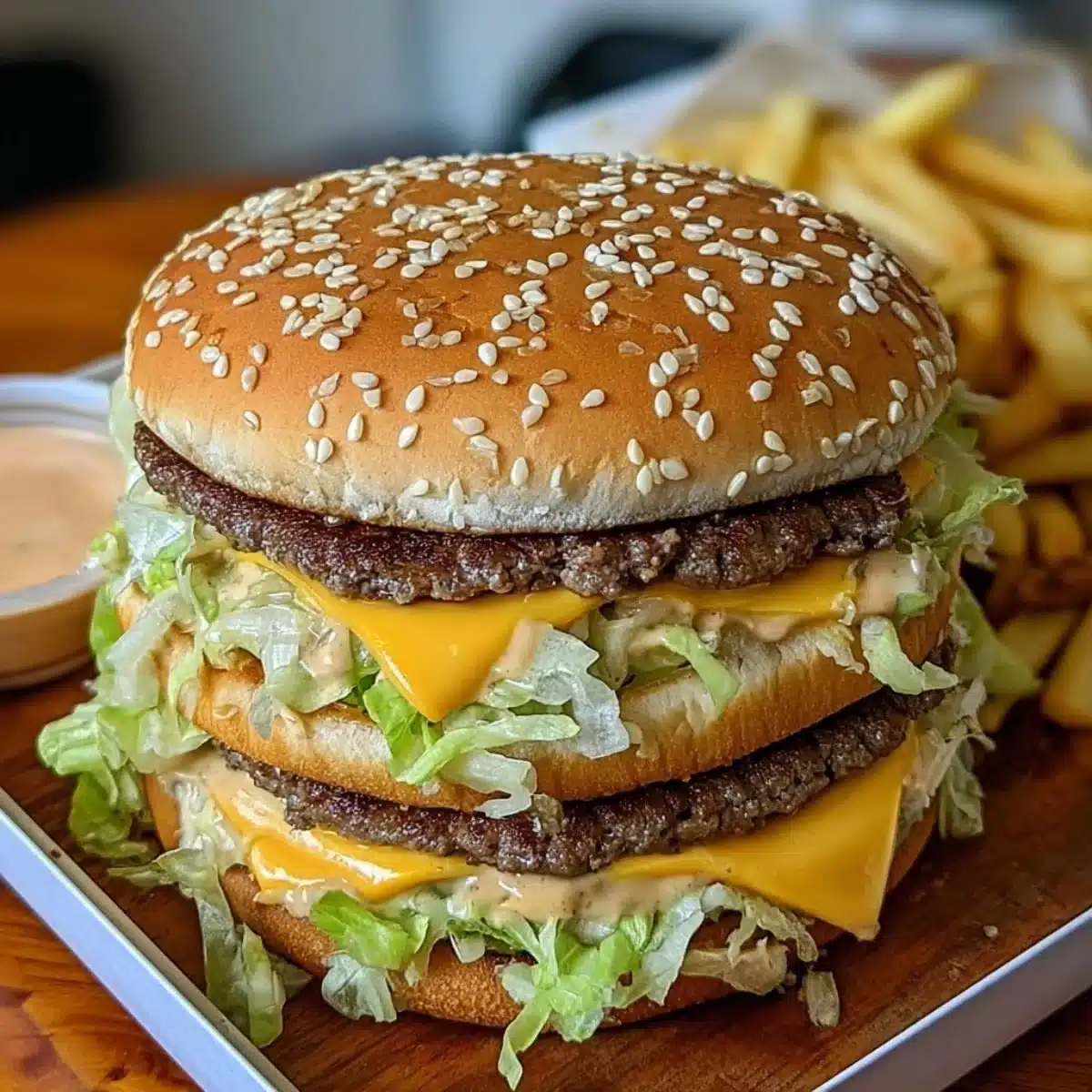 Homemade Big Mac burger made with special sauce, lettuce, and cheese.