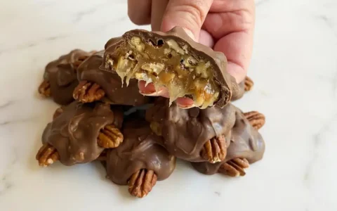 Homemade Chocolate Turtles, freshly made and ready to serve on a white marble surface, captured with natural side daylight.