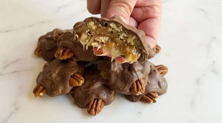 Homemade Chocolate Turtles, freshly made and ready to serve on a white marble surface, captured with natural side daylight.