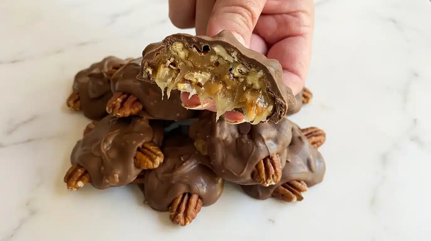 Homemade Chocolate Turtles, freshly made and ready to serve on a white marble surface, captured with natural side daylight.