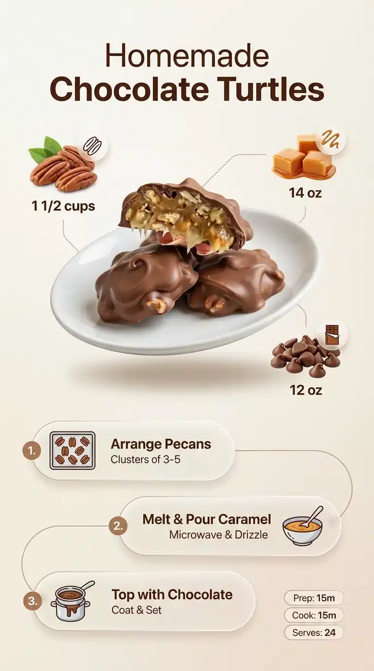 Homemade Chocolate Turtles recipe infographic, ultra-clean design with plated cookies, clear ingredients, and step-by-step instructions.