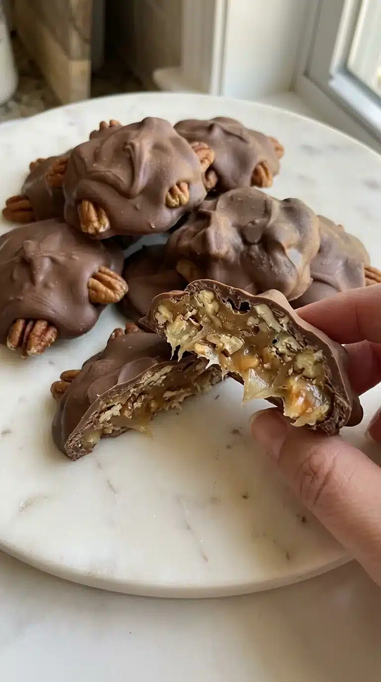 Photorealistic Homemade Chocolate Turtles, naturally plated on white marble with natural daylight, ready to serve.