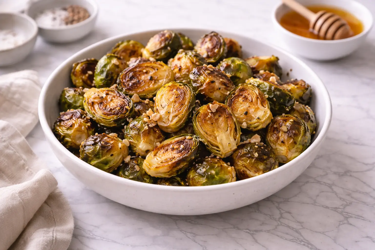 honey-garlic-roasted-brussels-sprouts-that-everyone-will-love caramelized and glazed in a serving bowl