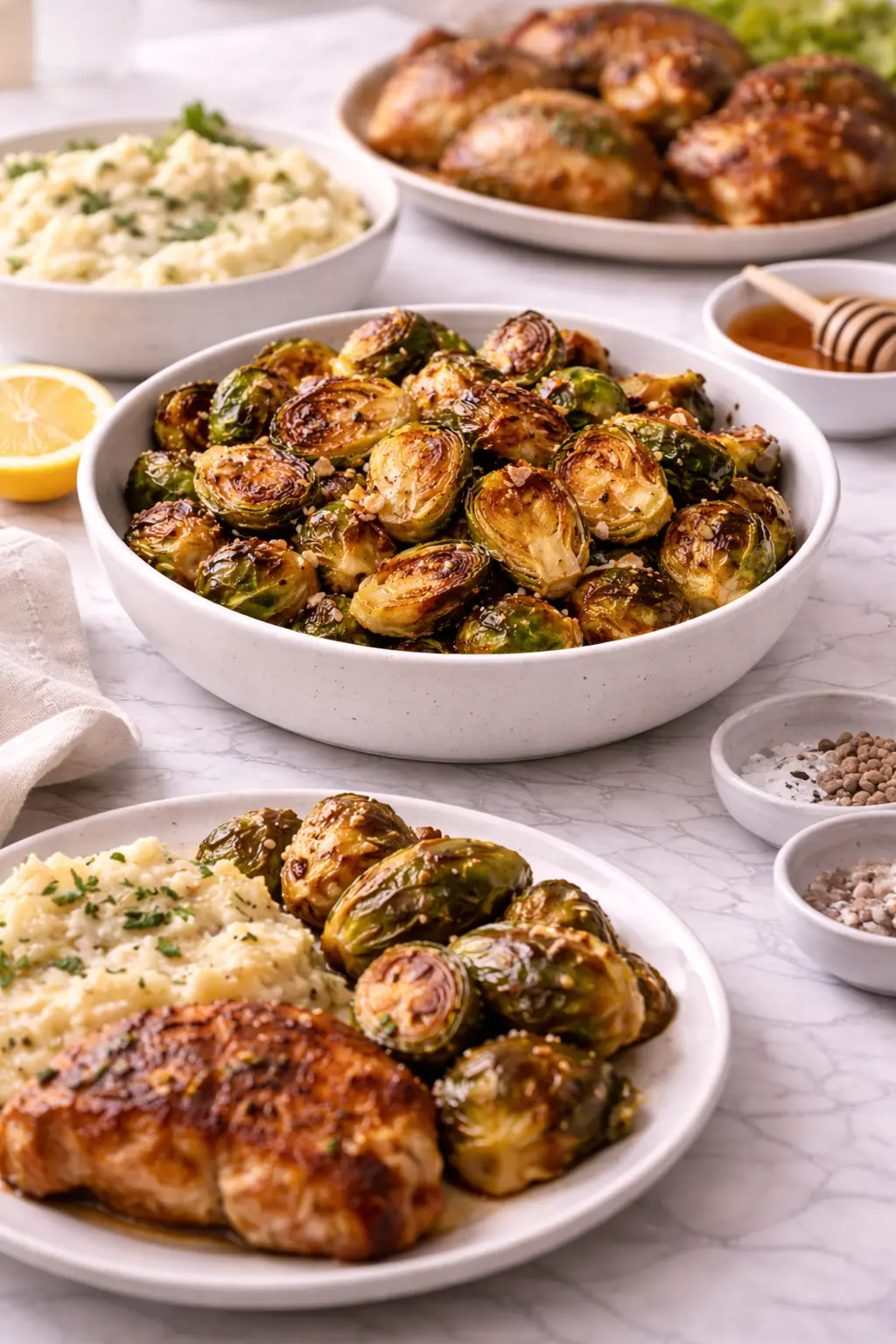 honey-garlic-roasted-brussels-sprouts-that-everyone-will-love served with roasted chicken and mashed potatoes on white marble surface