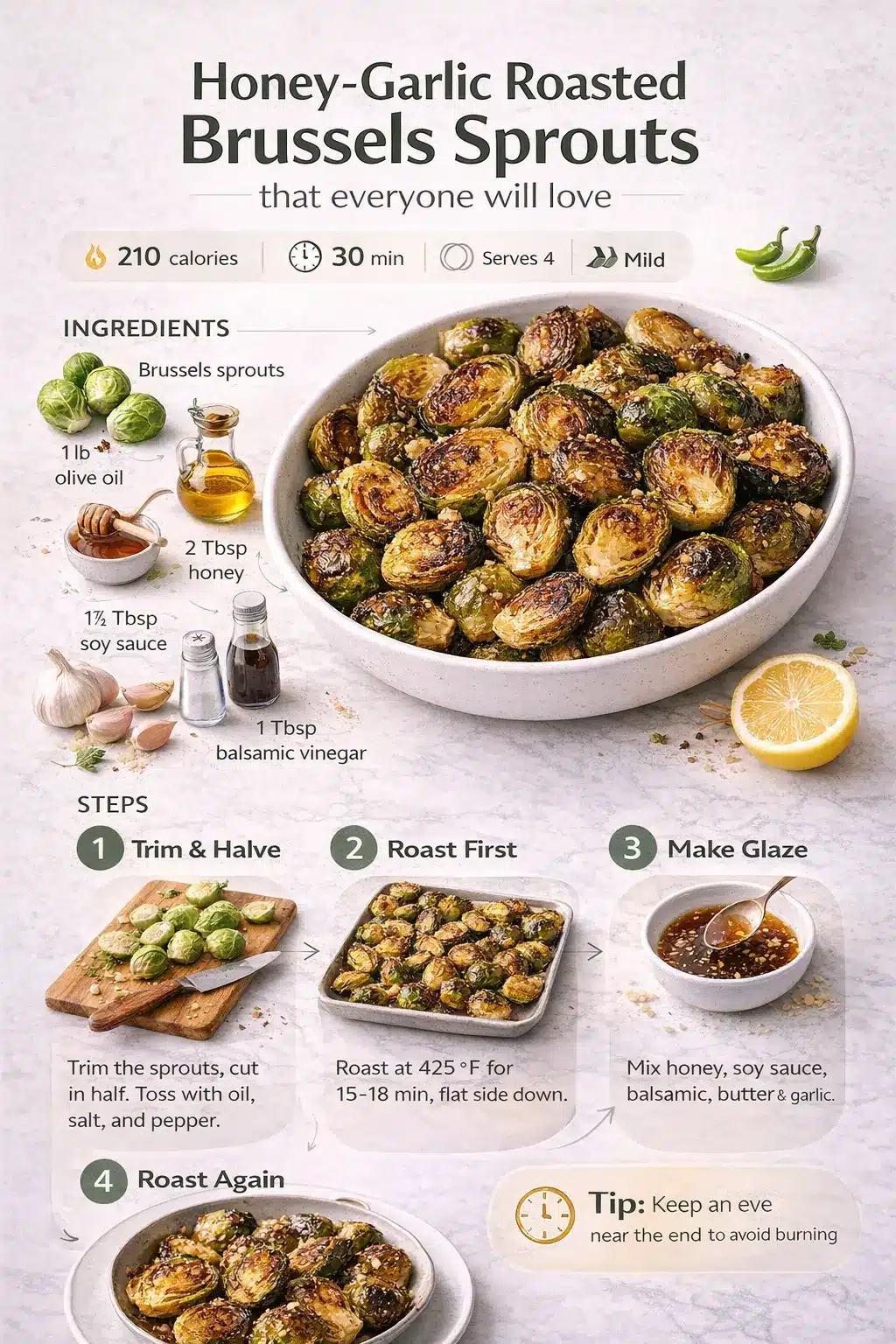 honey-garlic-roasted-brussels-sprouts-that-everyone-will-love recipe infographic with ingredients and step by step instructions