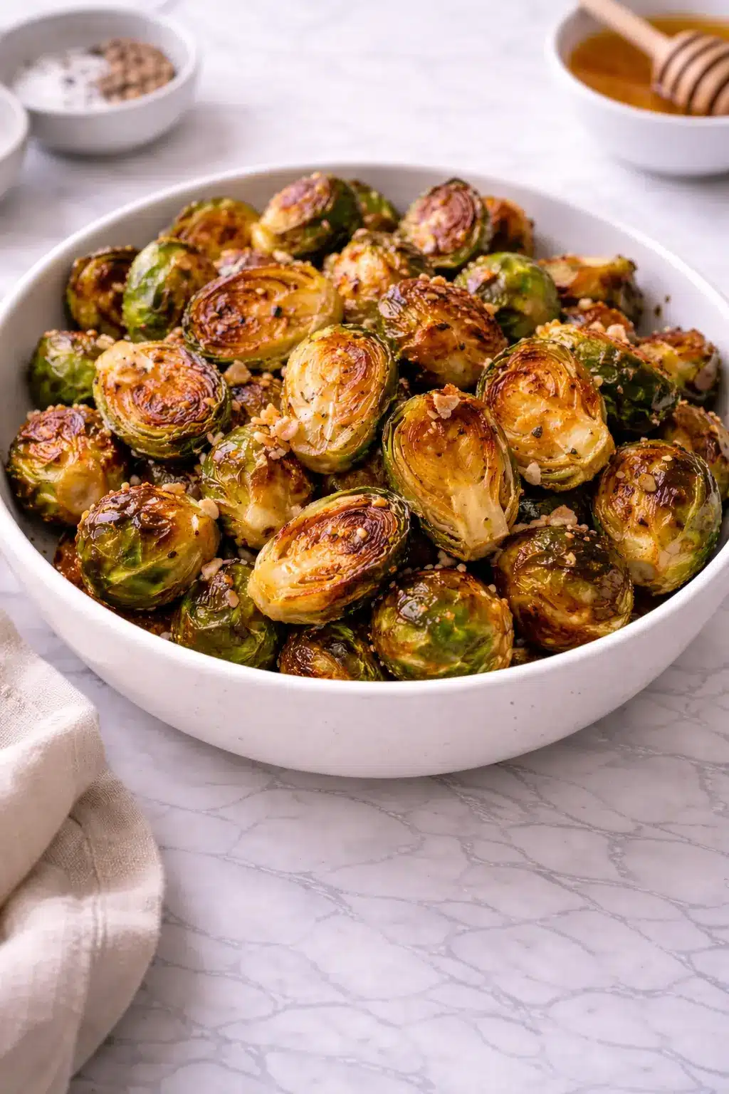 honey-garlic-roasted-brussels-sprouts-that-everyone-will-love served in a bowl with caramelized edges on white marble background