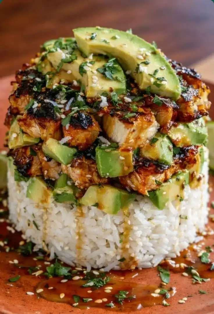 Delicious Honey Lime Chicken and Avocado Rice Stack on a plate