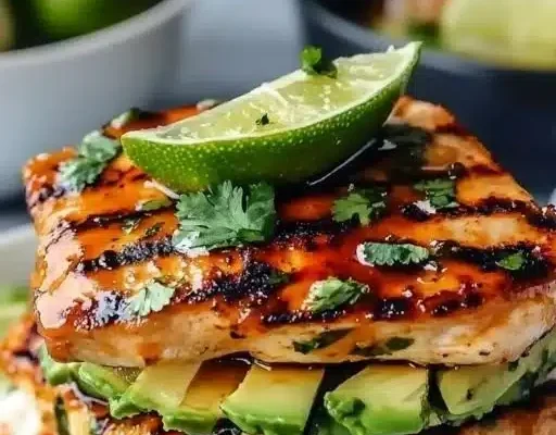 Honey-Lime Chicken served with avocado rice stacks on a plate.
