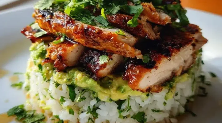 Honey Lime Chicken served on top of a fluffy avocado rice stack