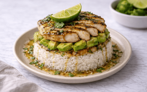 Honey lime chicken and avocado rice stack with glazed chicken, sliced avocado, and white rice on a plate