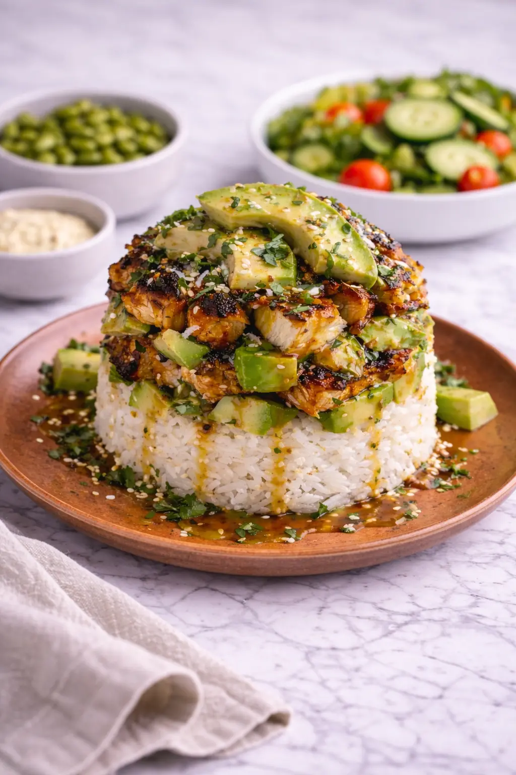 Honey Lime Chicken and Avocado Rice Stack served with simple sides on a marble table, ready to eat