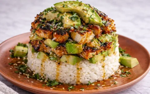Honey Lime Chicken and Avocado Rice Stack layered with glazed chicken, avocado, and rice on a plate