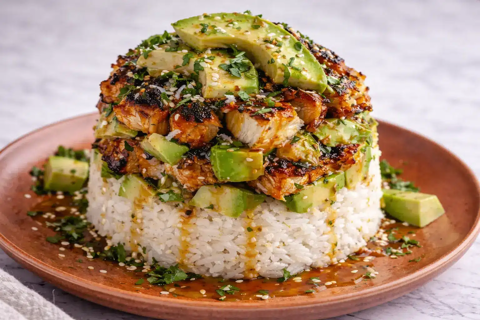 Honey Lime Chicken and Avocado Rice Stack layered with glazed chicken, avocado, and rice on a plate