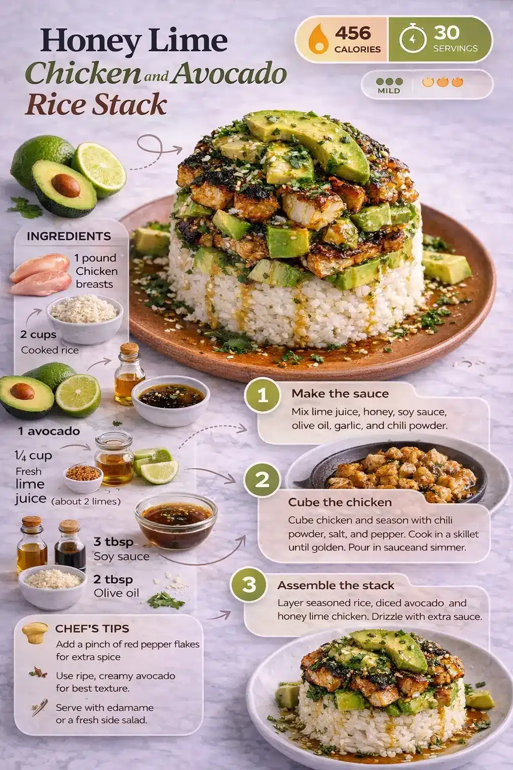Honey Lime Chicken and Avocado Rice Stack recipe infographic showing ingredients, steps, and the finished stacked rice dish