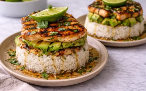 Honey-Lime Chicken and Avocado Rice Stacks layered with glazed chicken, avocado, and rice on ceramic plates