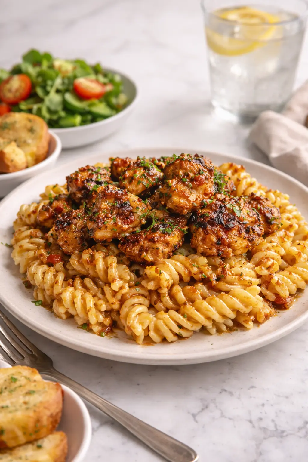 Photorealistic honey pepper chicken pasta with rotini, served on white marble table with garlic bread and fresh salad
