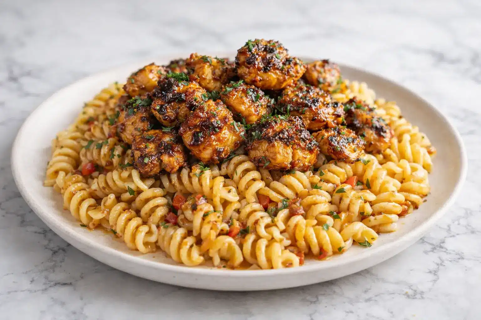 Honey pepper chicken pasta served on a white marble surface with rotini pasta and glazed chicken pieces, photographed in natural daylight.
