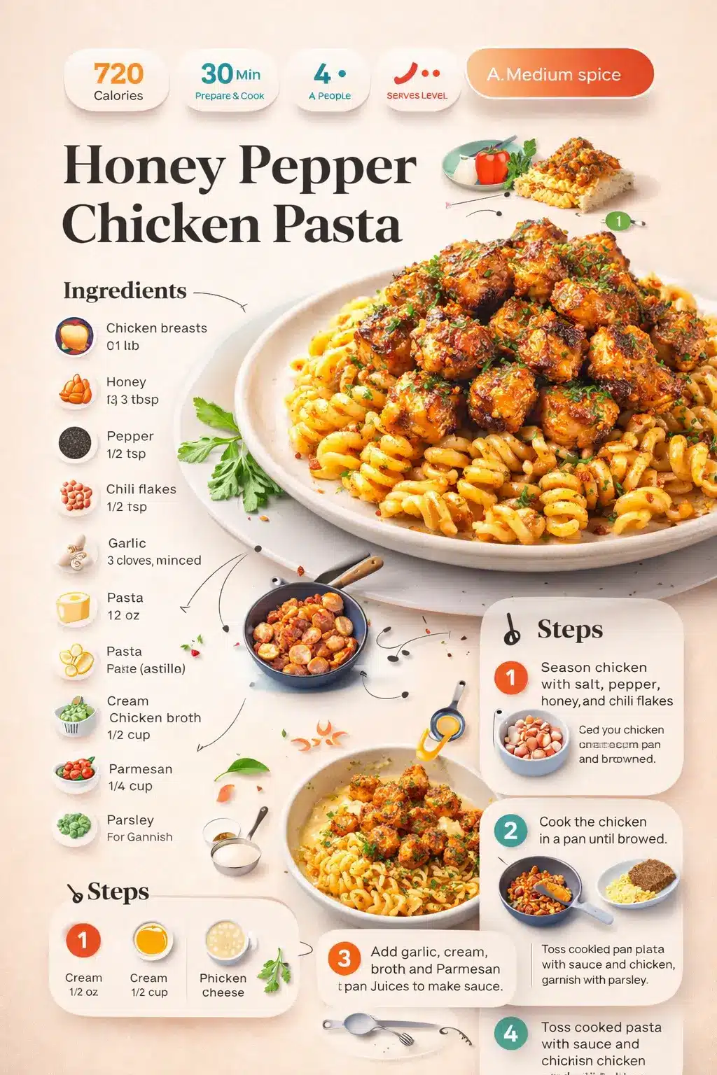 Honey pepper chicken pasta recipe infographic with ingredients, cooking steps, and calorie information