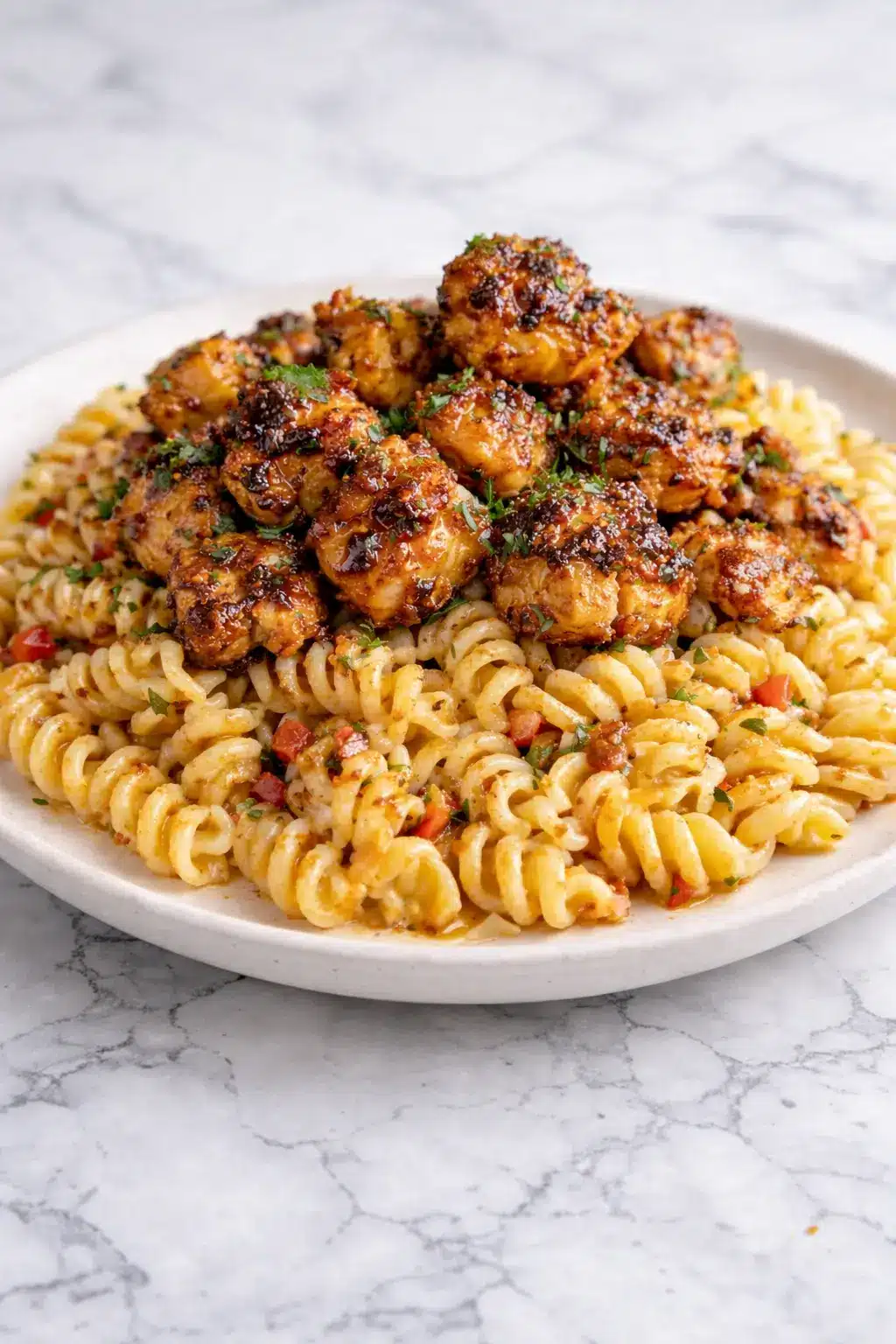 Vertical photo of honey pepper chicken pasta with rotini and glazed chicken pieces served on a white marble surface in natural light.