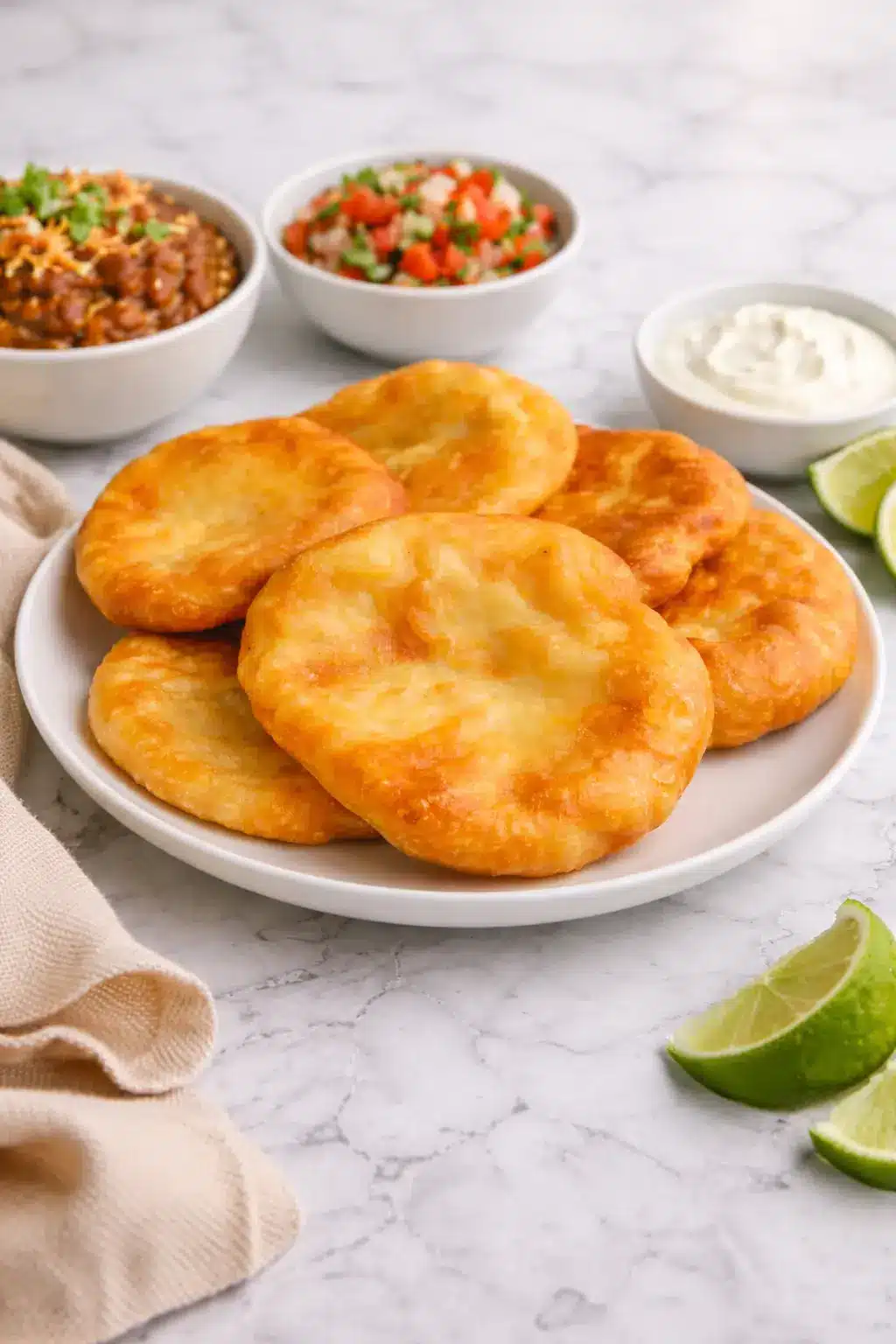 Indian Fry Bread Homemade Indian fry bread served on a white plate with traditional toppings, photographed in natural daylight on a marble surface