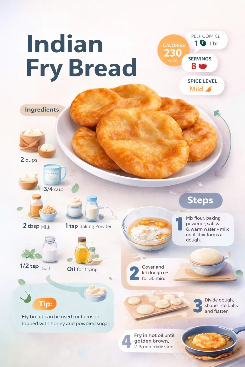 Indian Fry Bread Ultra-clean infographic showing Indian Fry Bread recipe with ingredients, step-by-step instructions, calories, and cooking tips.