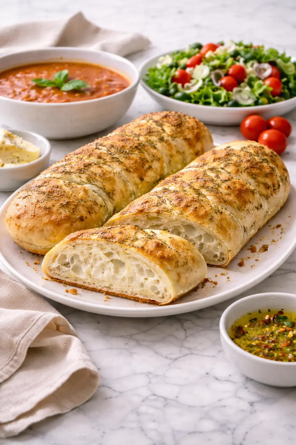 Italian herb and cheese bread served warm with soup and salad on a white marble surface