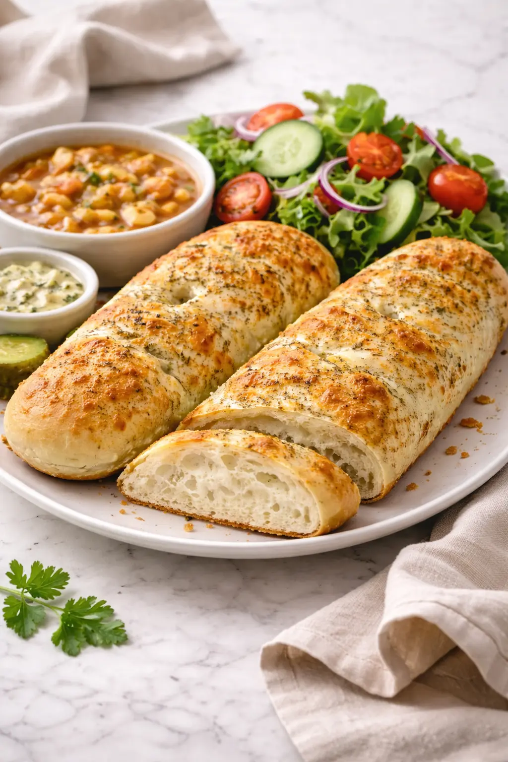 Italian Herb and Cheese Bread served with soup and salad on a white marble surface, ready to eat